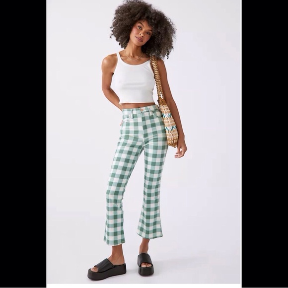 Wrangler Wrock 672 Gingham Kick Flare Green Plaid Checkered Pants Size 24 - Picture 1 of 7